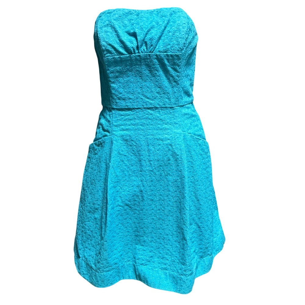 Lilly Pulitzer Strapless Mini‎ Dress Turquoise Blue Floral Jacquard Pockets 2